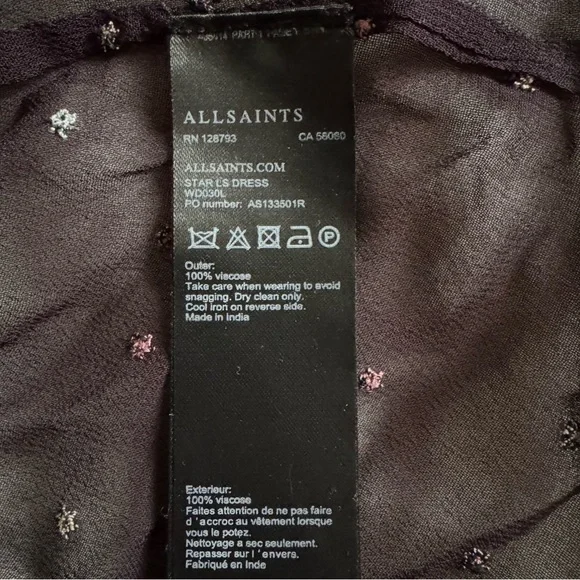 ALLSaints Sheer STAR Embroidered CHIFFON-CREPE Mini DRESS in BLACK Large - Picture 6 of 13